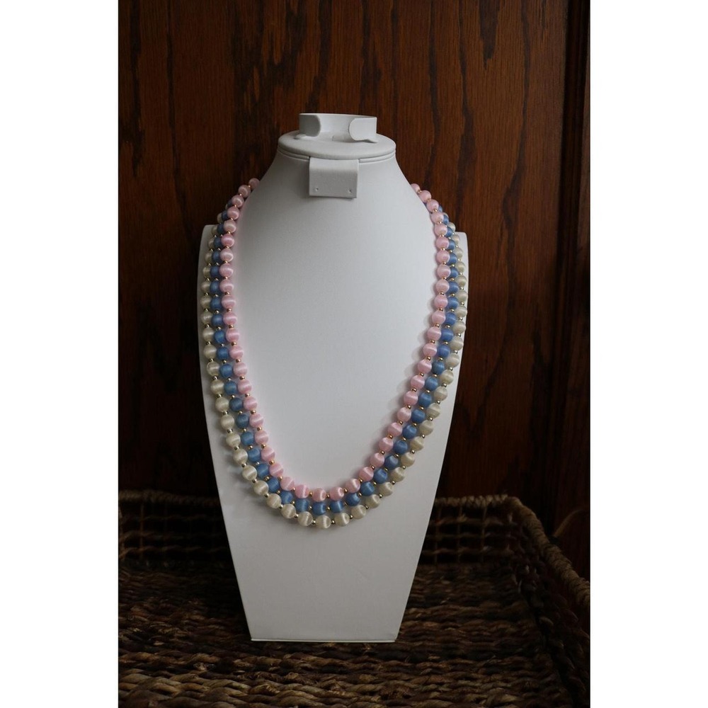 Retro Strand Satin Bead Necklace 3PC Pink Blue Cream Pastel Layer Statement 14"